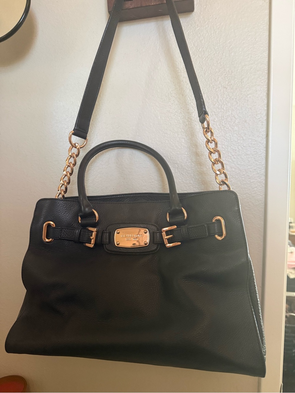 Michael Kors Black Leather Satchel with Gold-Tone Chain Straps